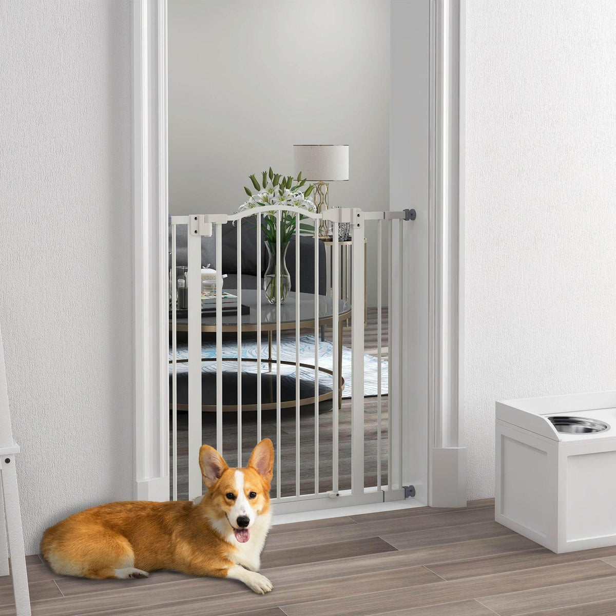 White metal pet safety gate with vertical bars and hinged doorway