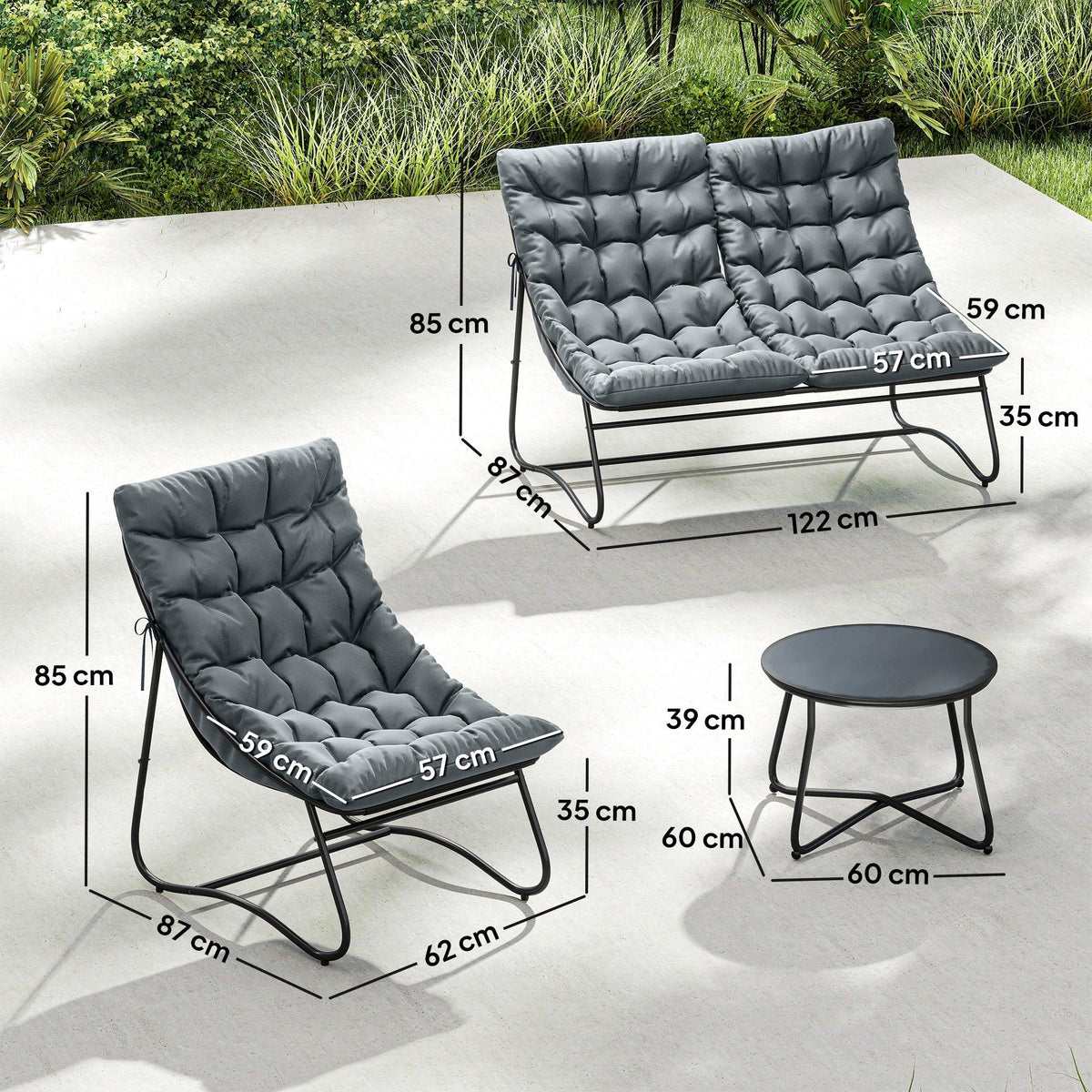 Curved lounge chairs with grey tufted cushions and black frames, plus round table
