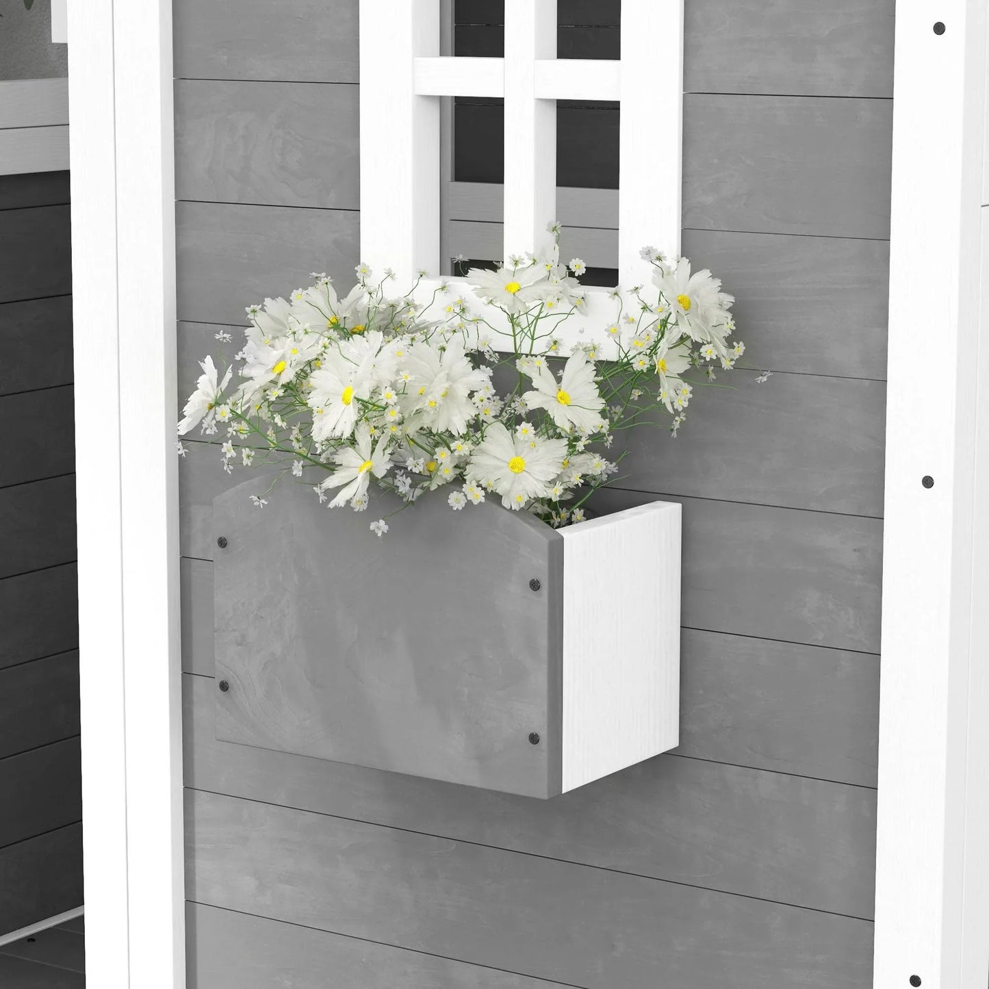 Outsunny Childrens Wooden Cottage Playhouse with Doors, Windows, and Plant Box - Outdoor Fun for Ages 3-8, Grey - ALL4U RETAILER LTD