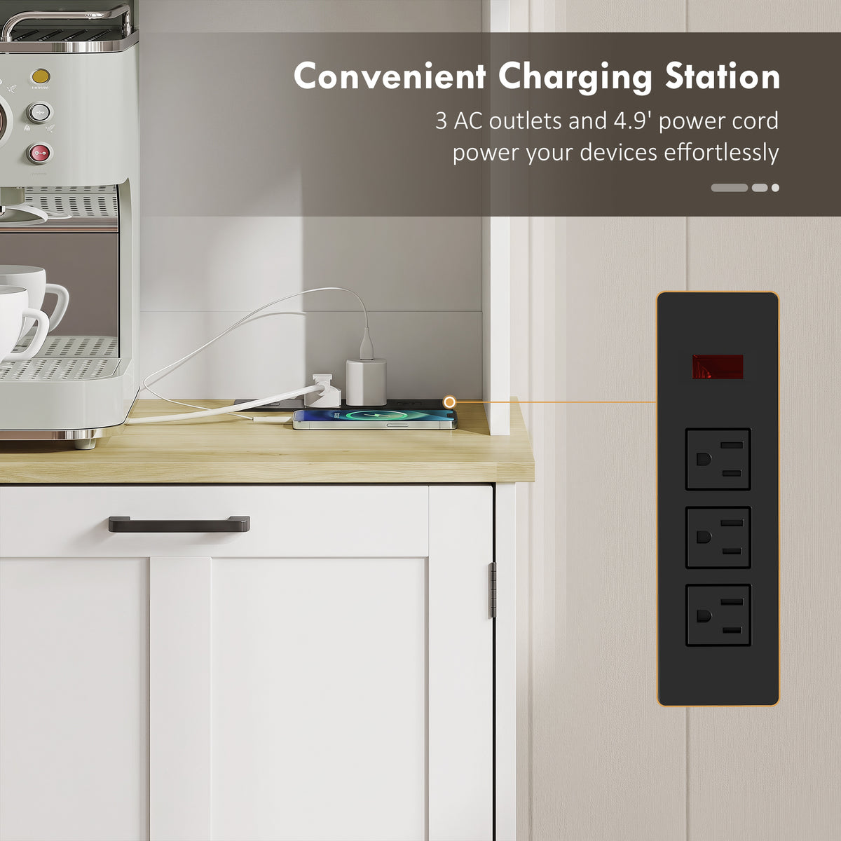 White kitchen cabinet with side charging panel and power cord area