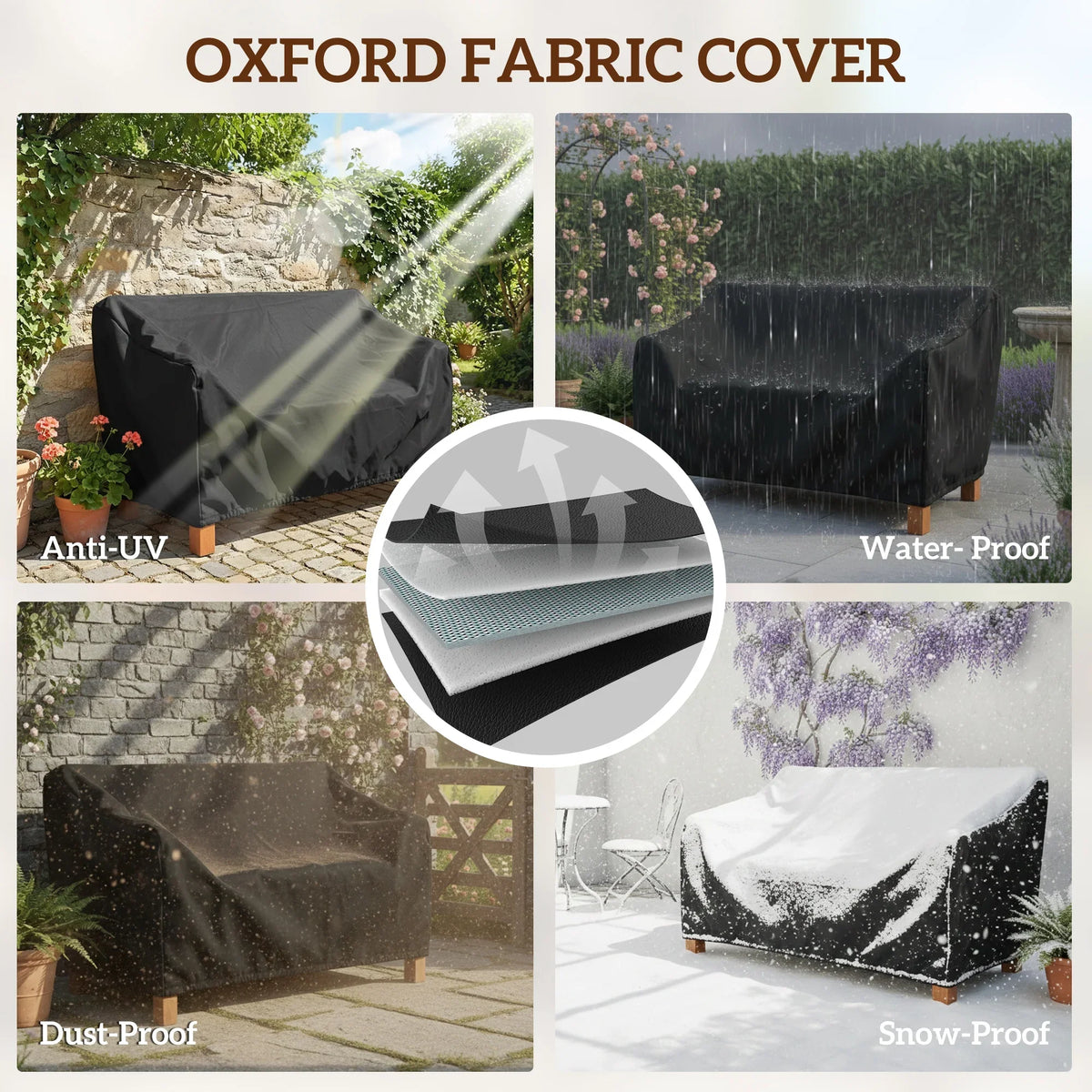 Gray waterproof fabric bench cover with dust, snow, and UV protection
