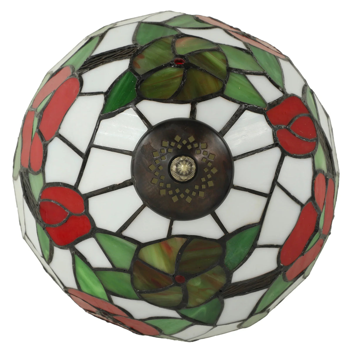 Stained glass lamp shade with red flowers, green leaves, and dark central medallion
