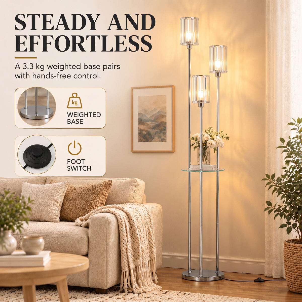 Chrome crystal floor lamp with weighted base, foot switch, and three glowing shades