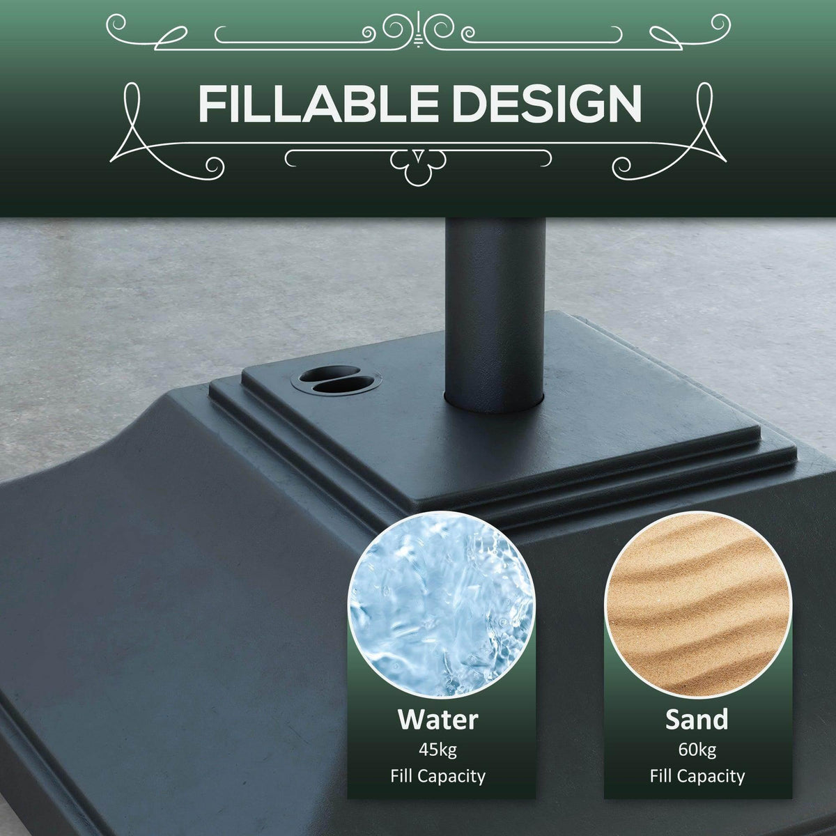 Black fillable umbrella base with central pole and round fill opening on top.