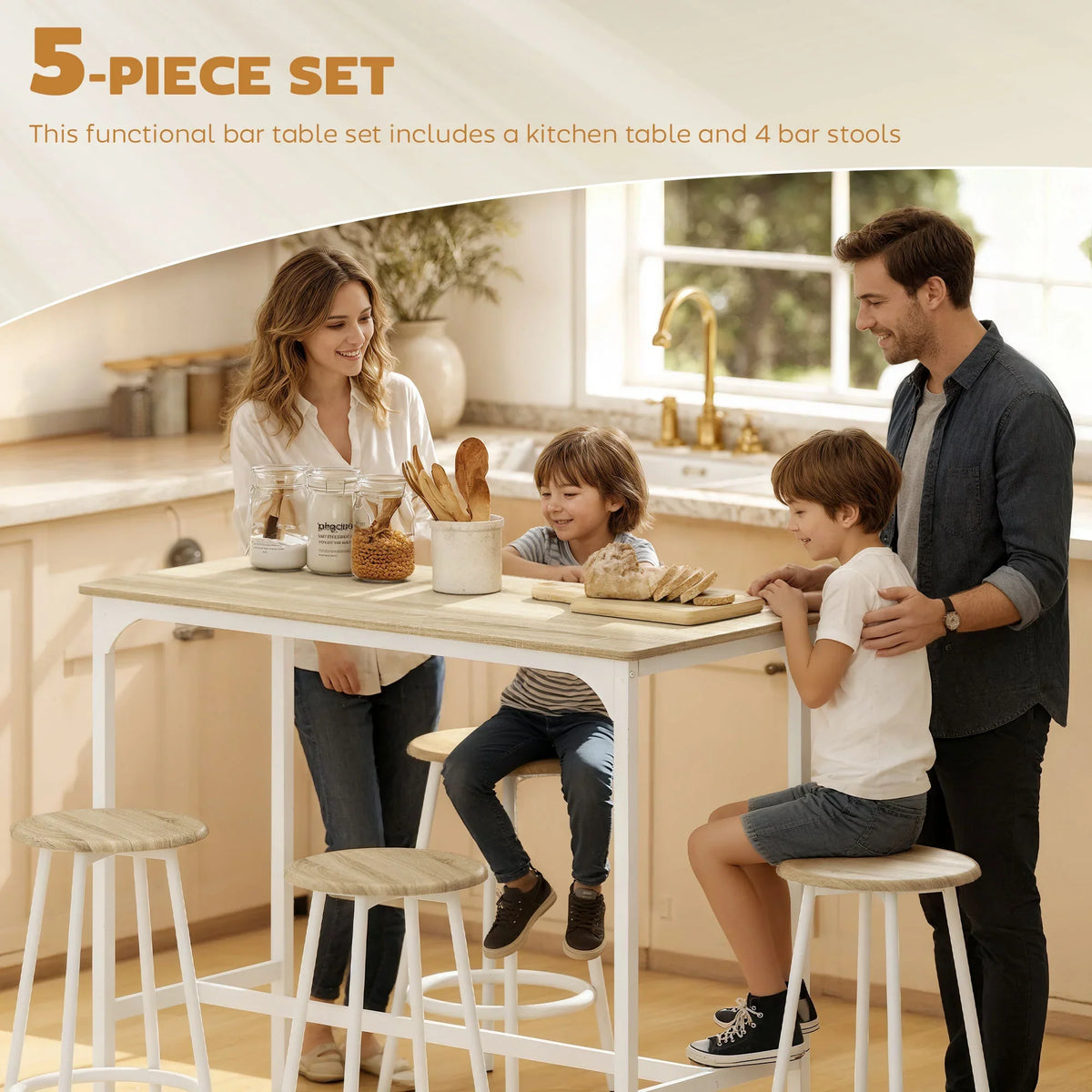 Kitchen bar table with four white stools, natural wood tabletop for family dining.