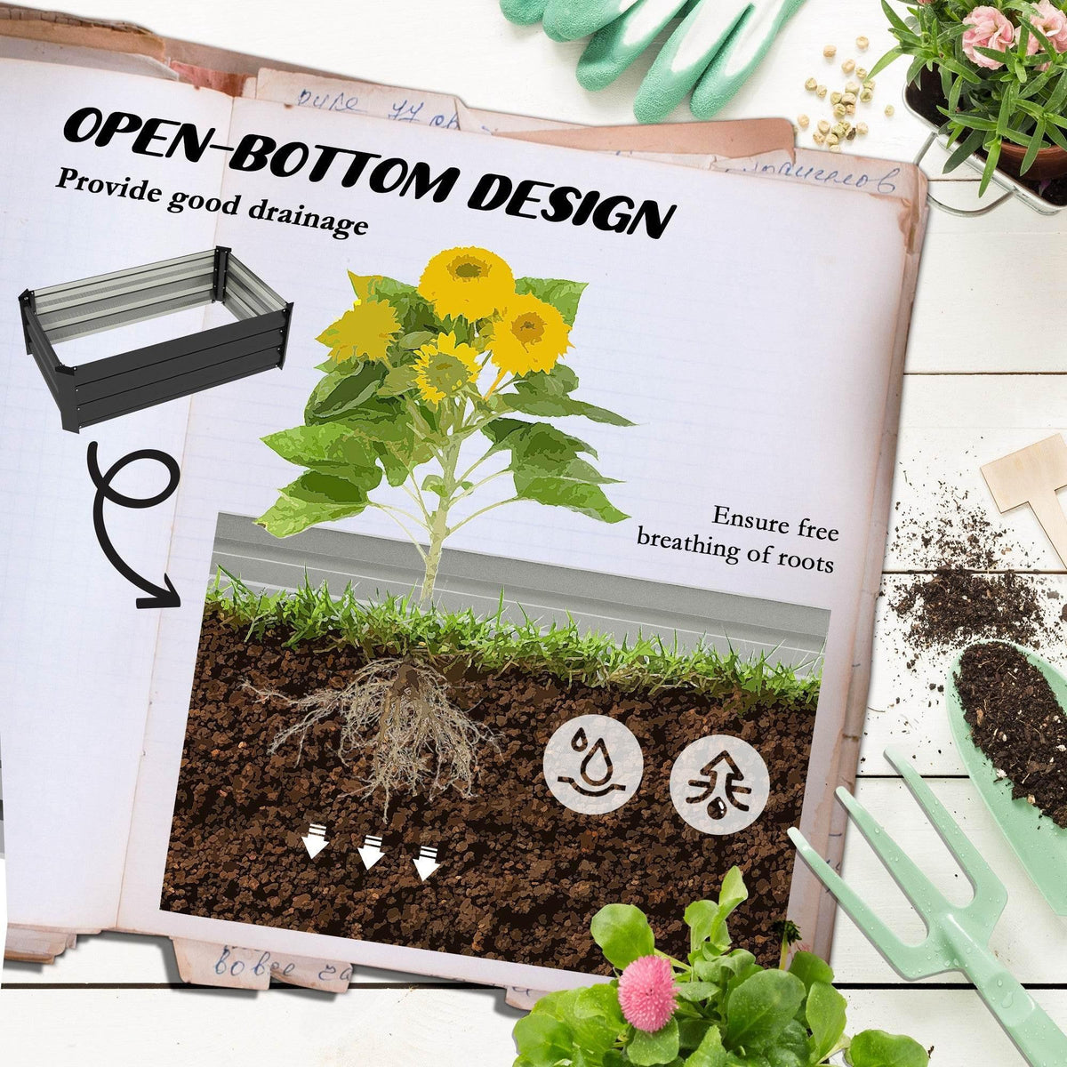 Open-bottom dark grey elevated garden planter box graphic for root drainage