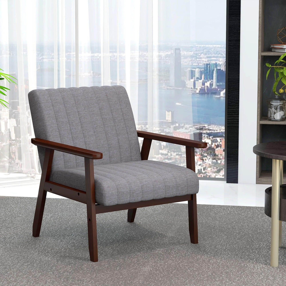 Grey upholstered accent armchair with dark wood arms and tall backrest