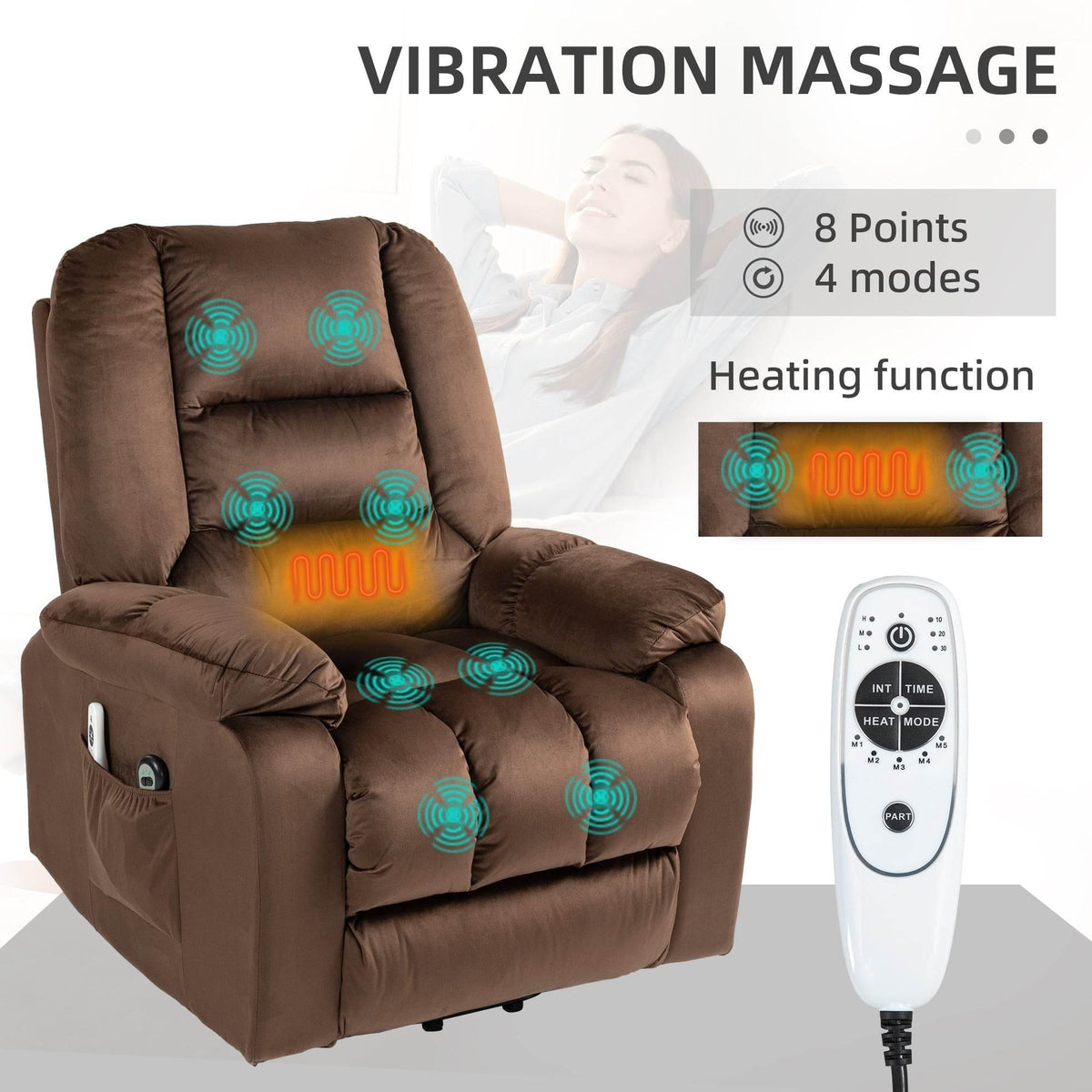 Brown electric recliner with vibration massage back and seat, plus handheld remote