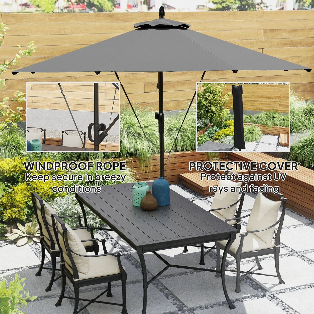 Grey cantilever patio parasol with windproof ropes and protective cover