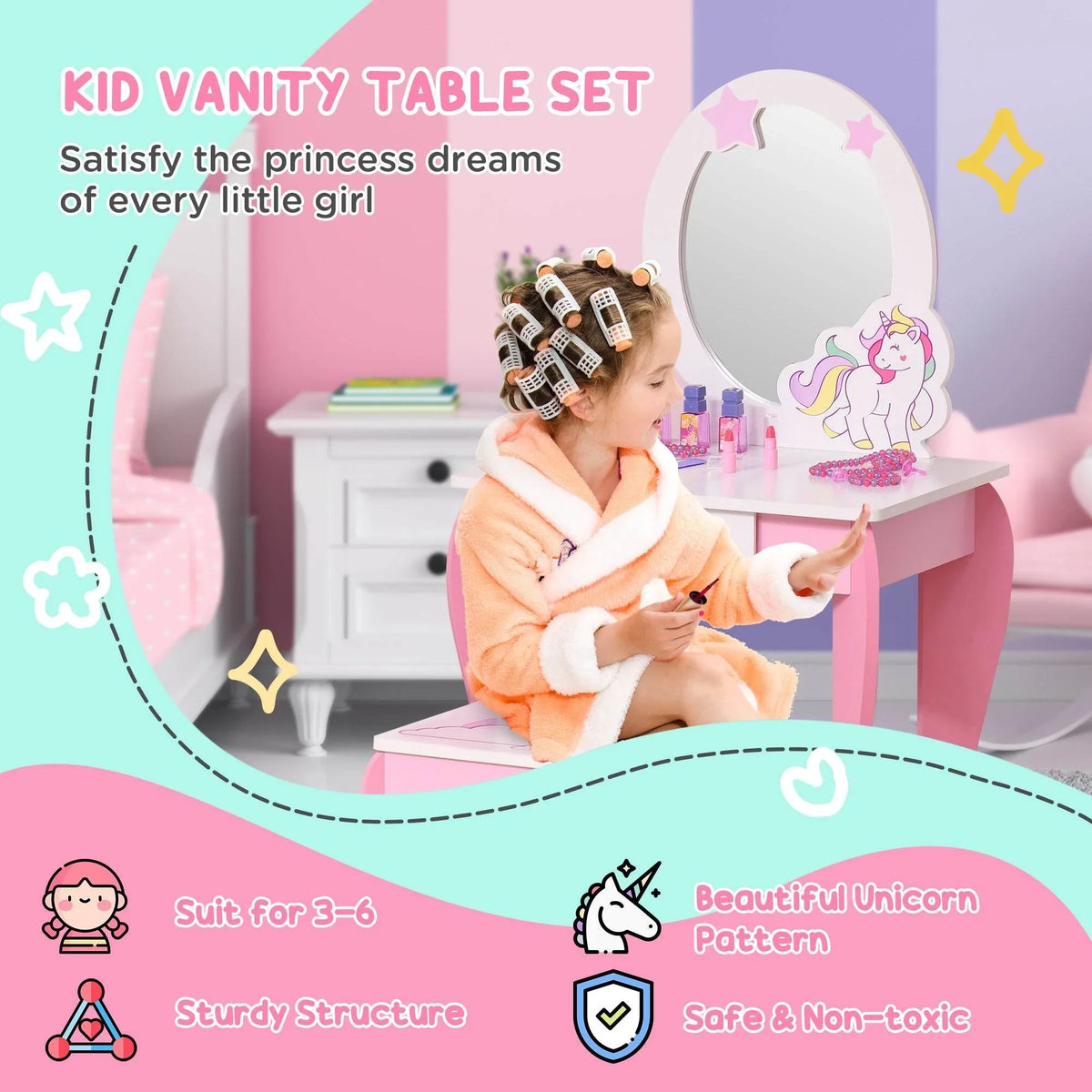 Kids unicorn vanity set with acrylic mirror, pink table, and matching stool for 3-6