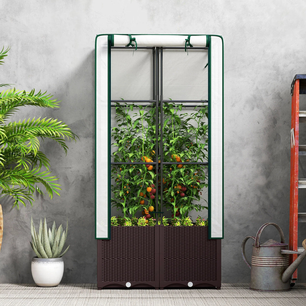 Raised garden bed with green trellis, clear PE cover curtains, and dark brown planter