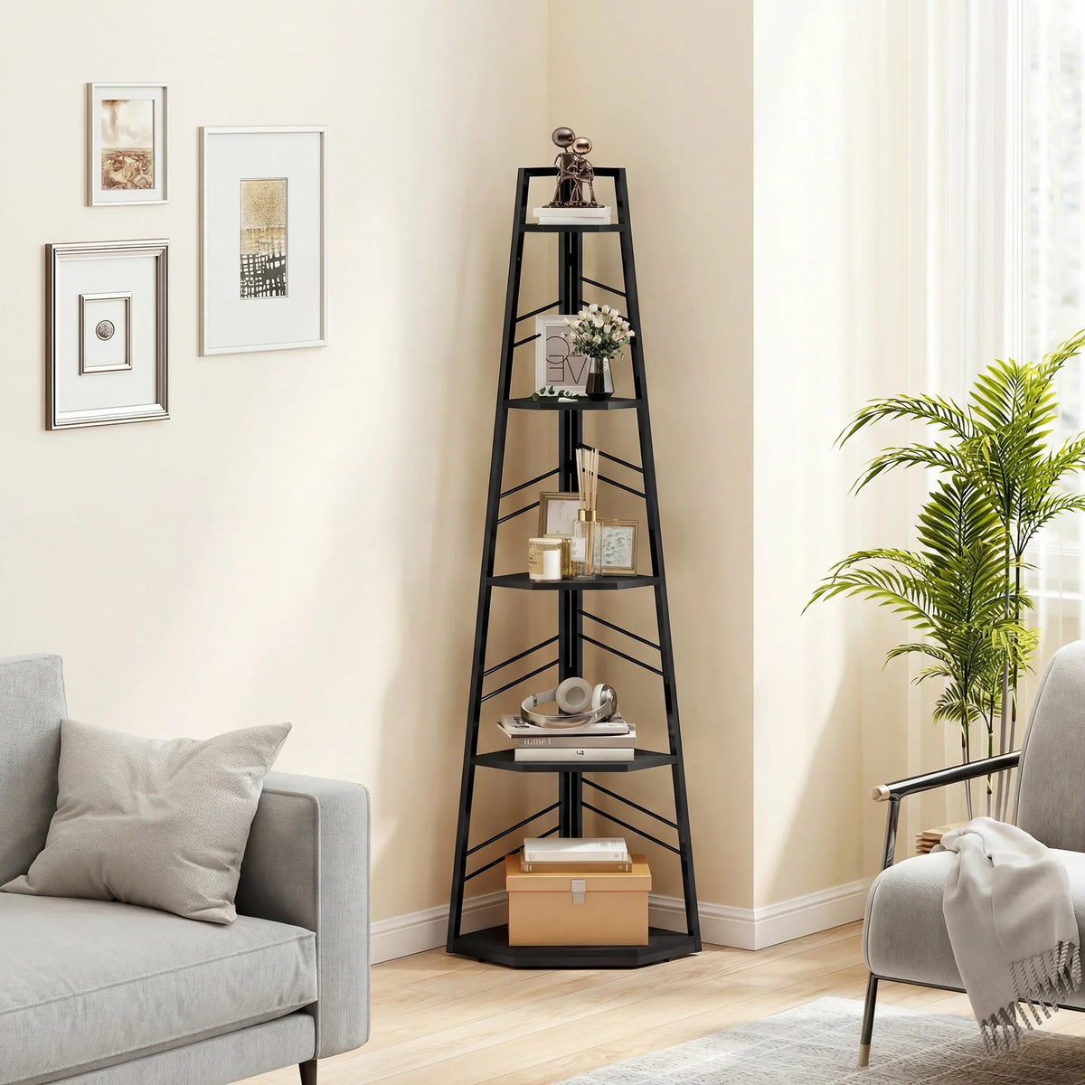 Black 5-tier corner bookcase with slatted metal shelves and angled side supports