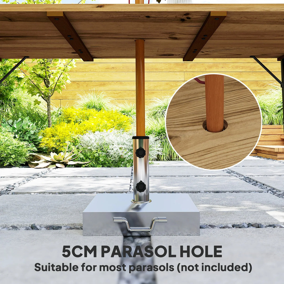 Slatted wooden table top with central 5 cm parasol hole, shown with inserted base pole