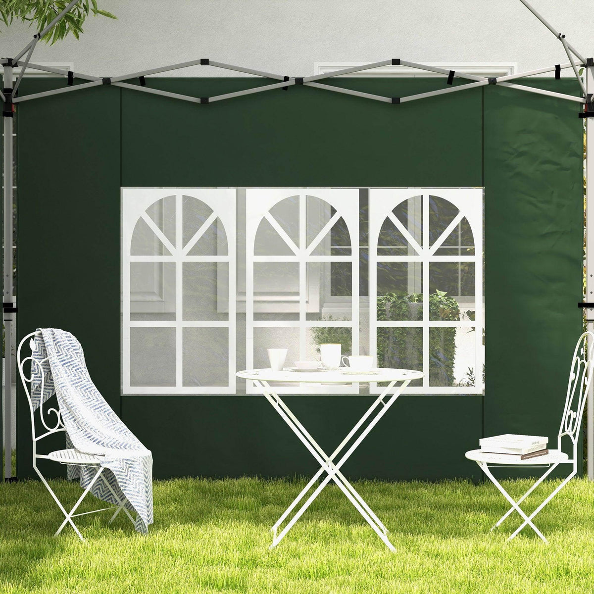 Green gazebo side panel with three white arched window panels and black strap closure
