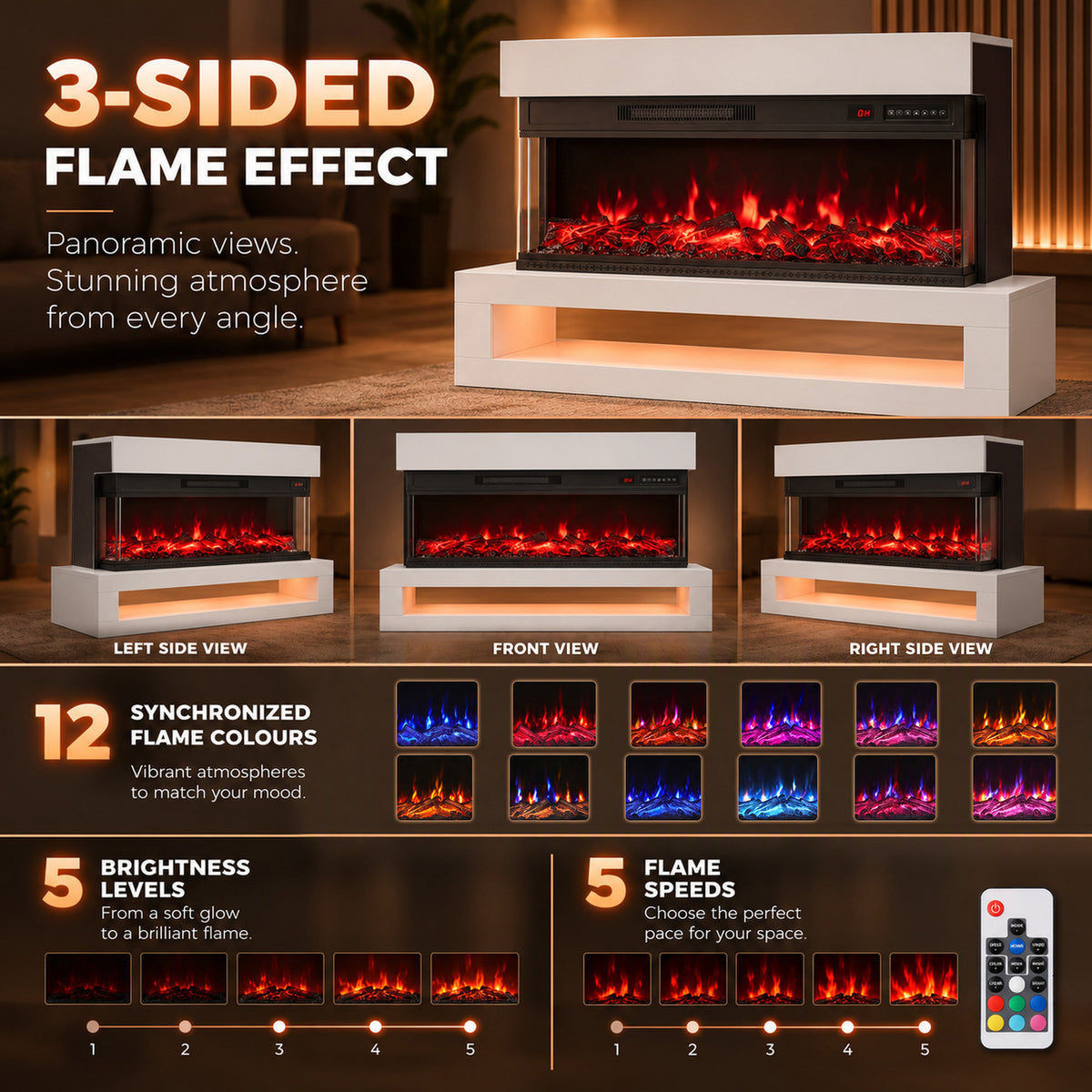 White freestanding electric fireplace with 3-sided flame effect and open TV stand base