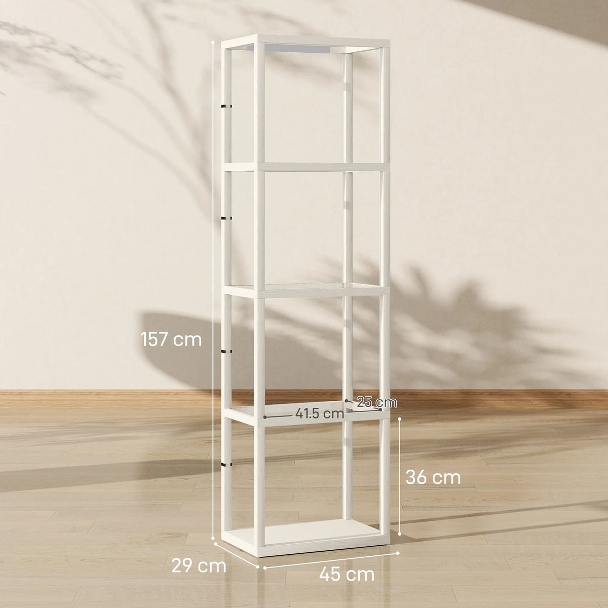 White 4-shelf floor lamp with height and width measurements shown