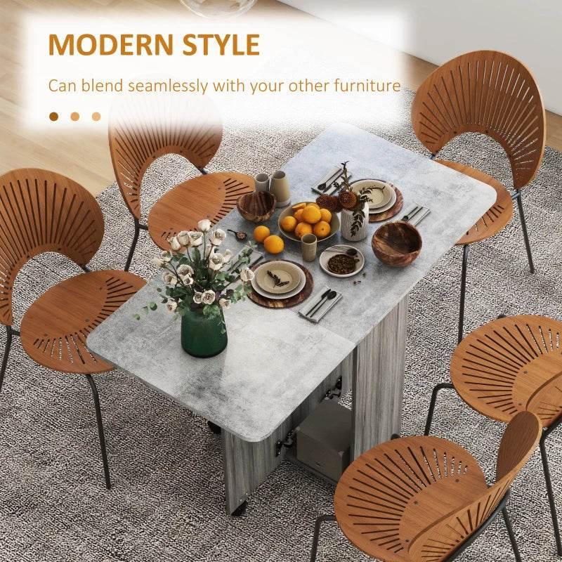 Foldable dining table with drop-leaf top, grey woodgrain, storage cabinet base for dining