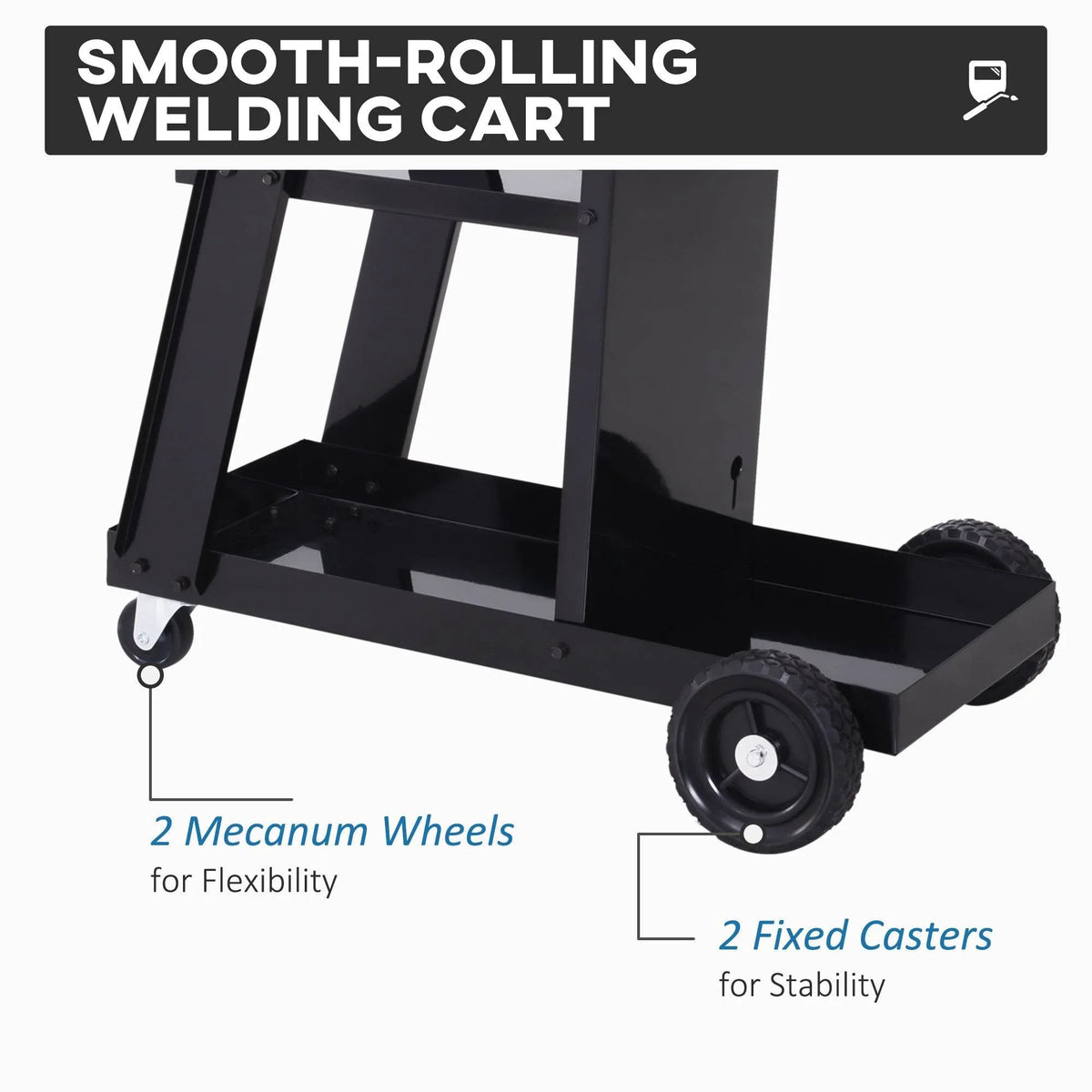 Black welding cart on fixed casters and swiveling wheels for smooth rolling with three tiers