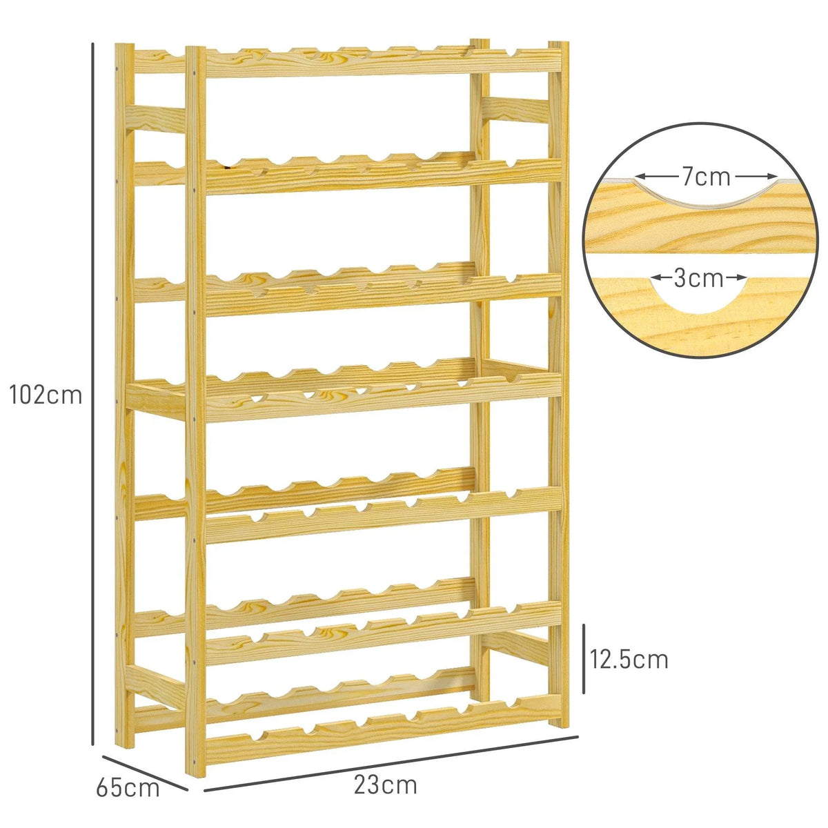 Pine wood wine rack frame with bottle slots, 65x23x102cm size