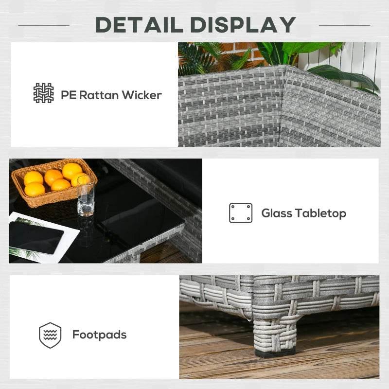 Rattan patio furniture detail view with glass tabletop and footpads