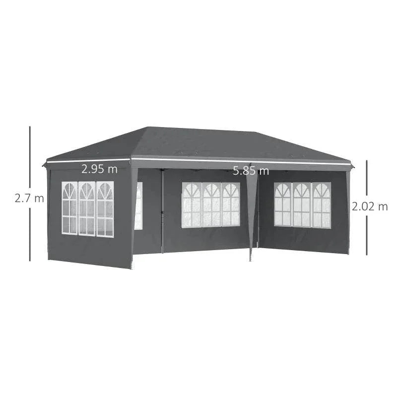 Grey pop-up gazebo with sidewalls and window panels, shown with height dimensions