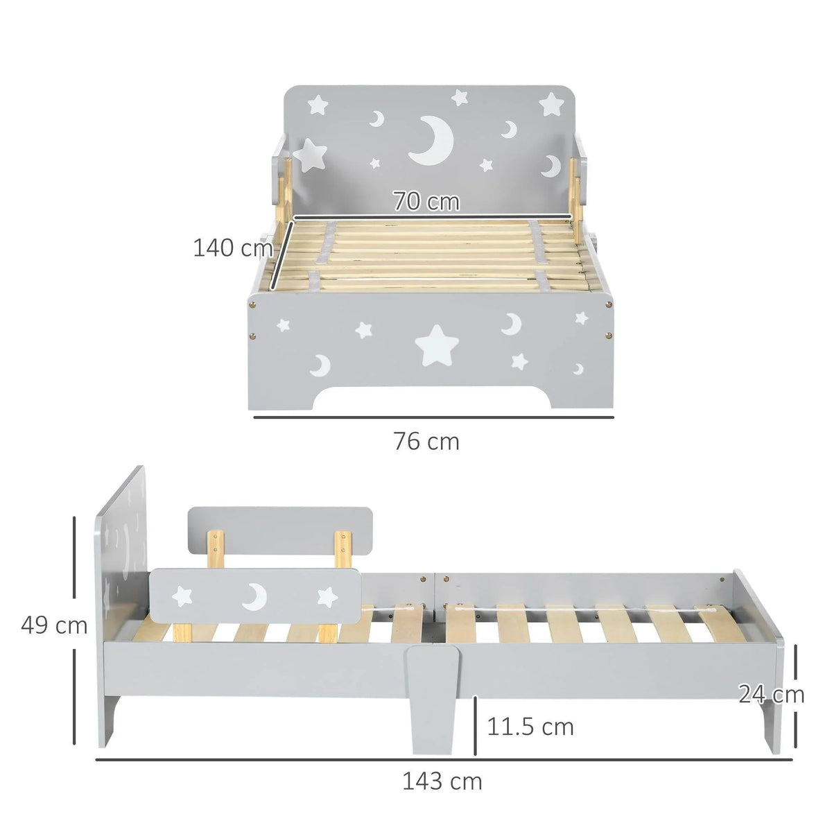 Grey toddler bed diagram with star-moon front, wooden slats and side rails