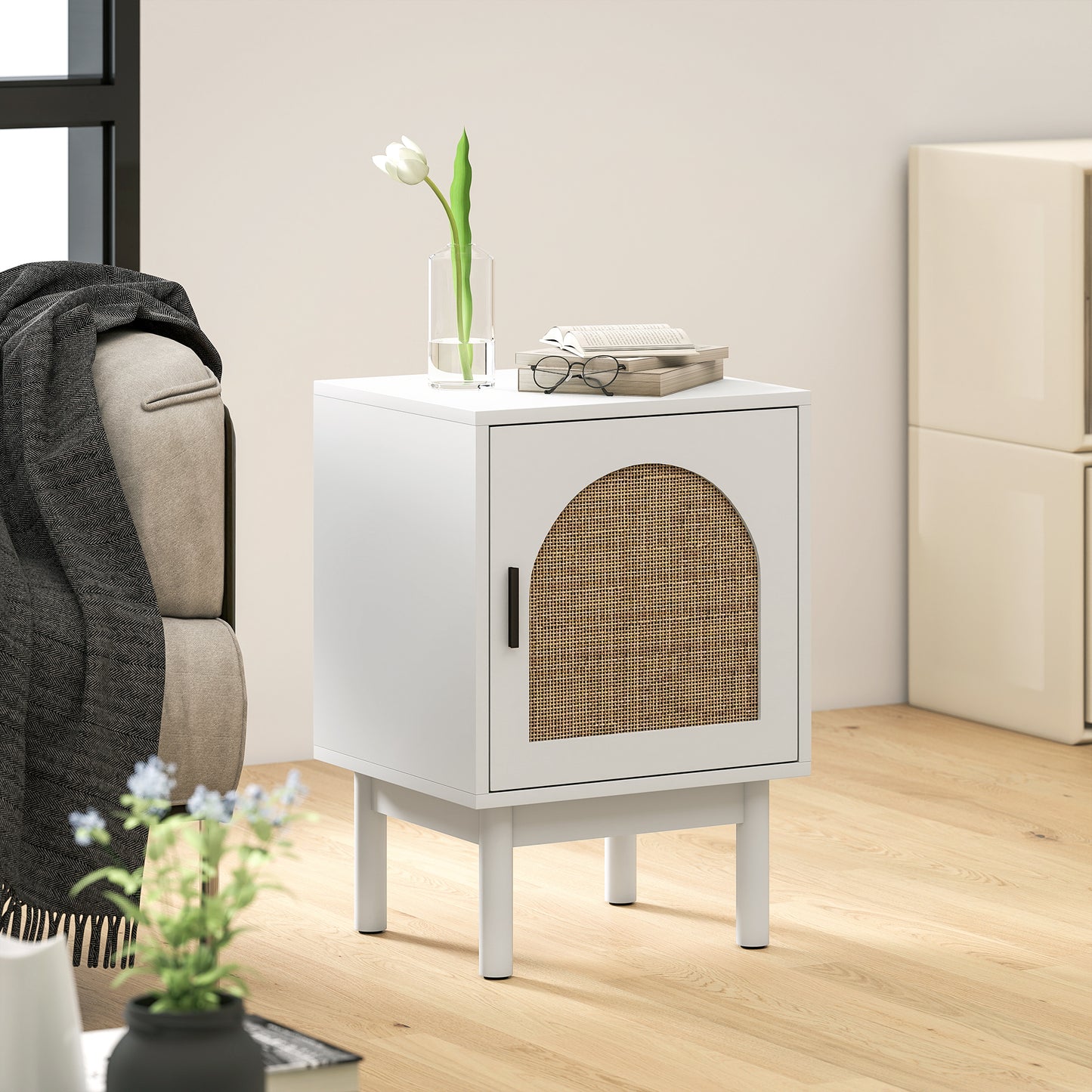 HOMCOM Rattan Bedside Table White Two Tier With Adjustable Shelves Arch Door Non Slip Wood Legs