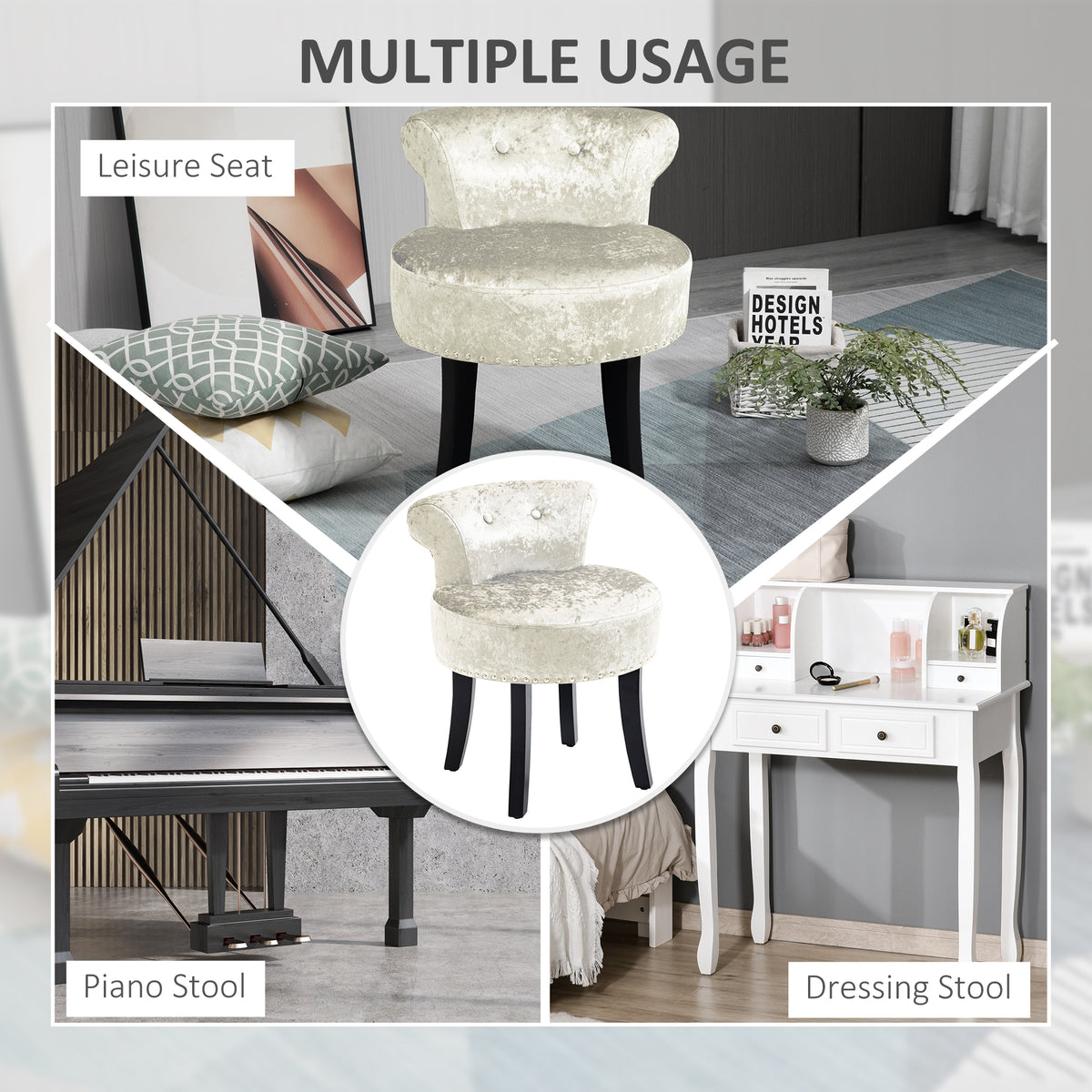 Beige round cushioned dressing stool with nailhead trim and dark rubber-wood legs