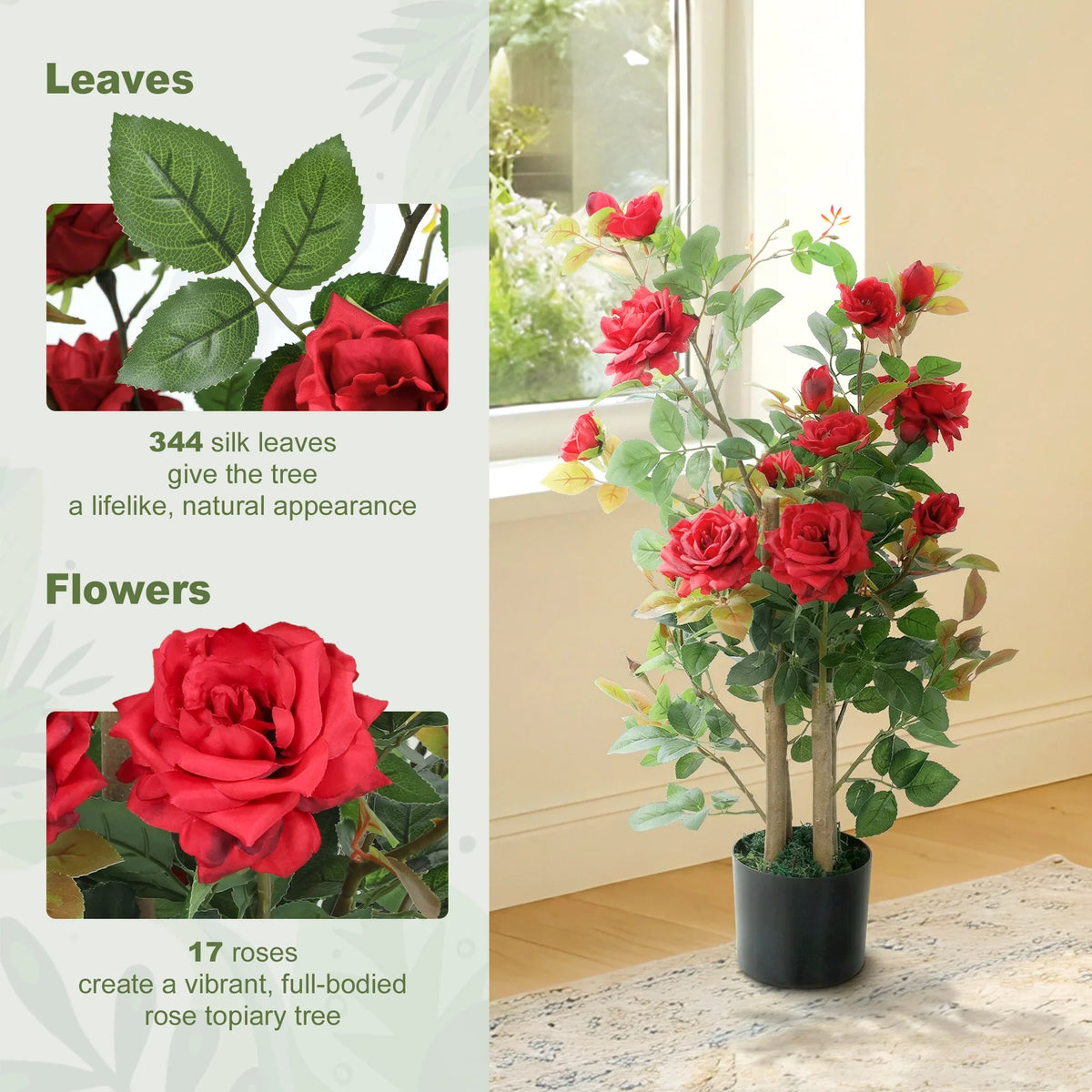 Artificial rose tree with red roses and green leaf branches, black pot base