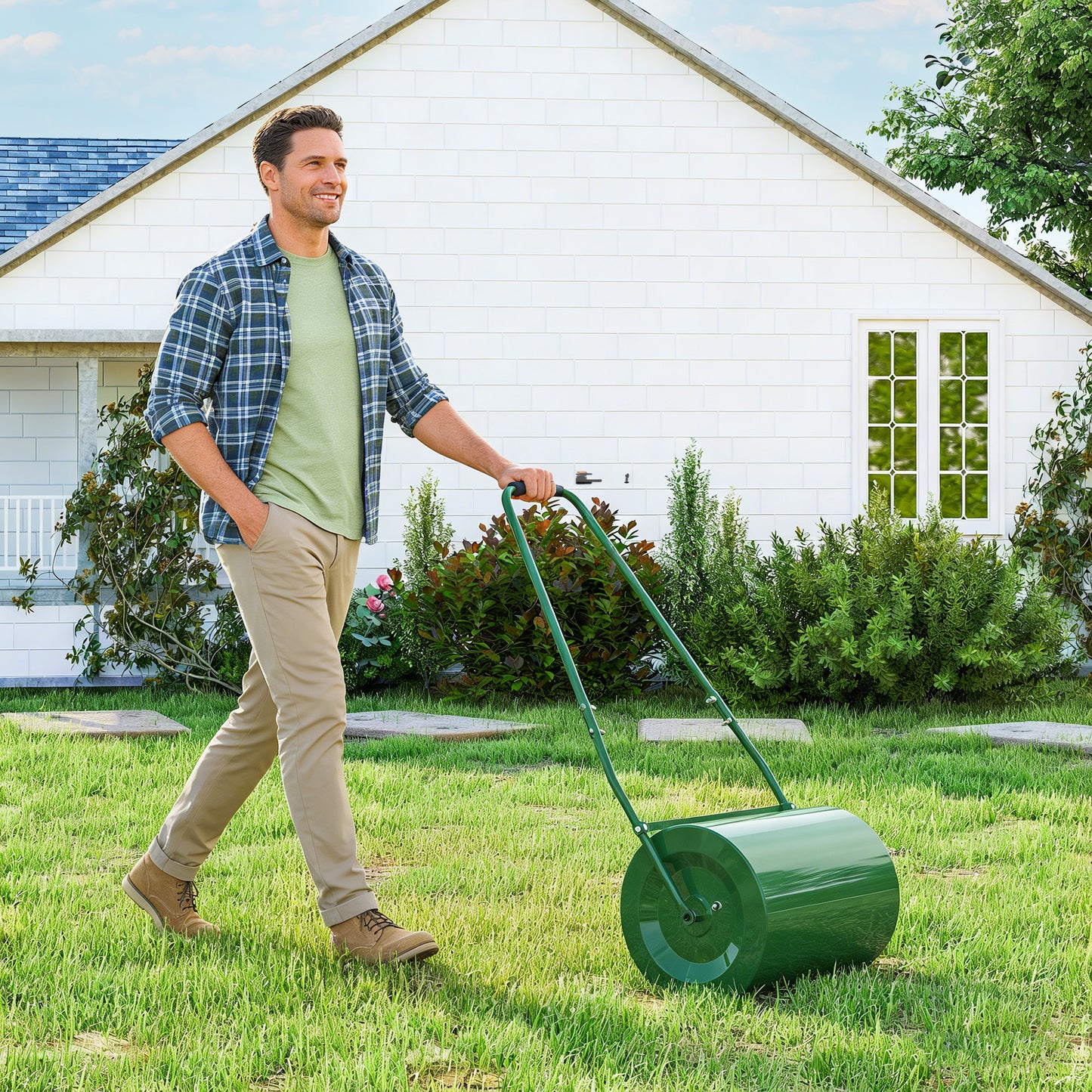 Outsunny 63 L Garden Lawn Roller Water And Sand Filled Drum Heavy Duty Steel Lawn Push Roller For Grass Seeding