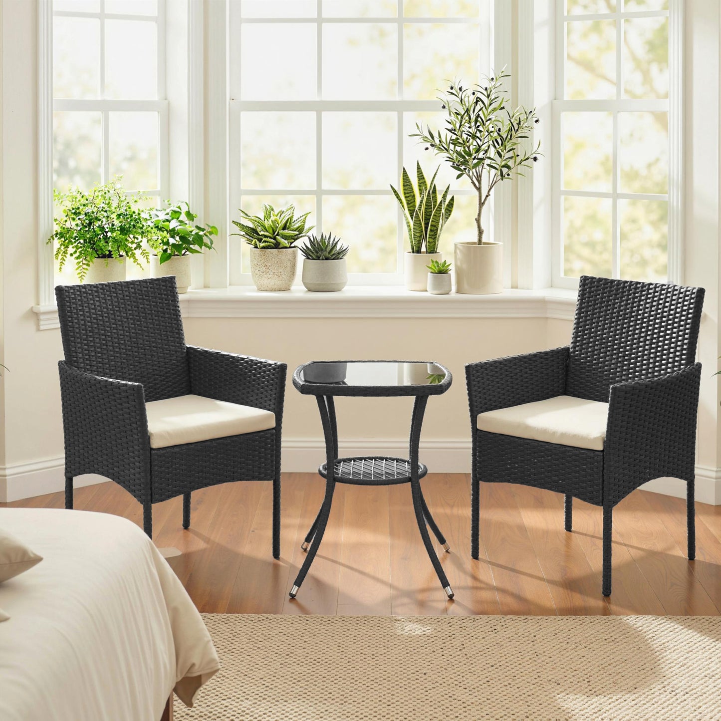 Outsunny 3 Piece Rattan Bistro Set Outdoor Cream White With 2 Tier Glass Top Table And Cushioned Chairs
