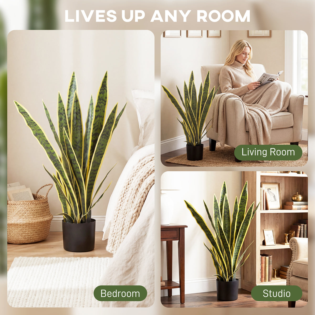 Artificial snake plant with variegated leaves in black pot for room decor