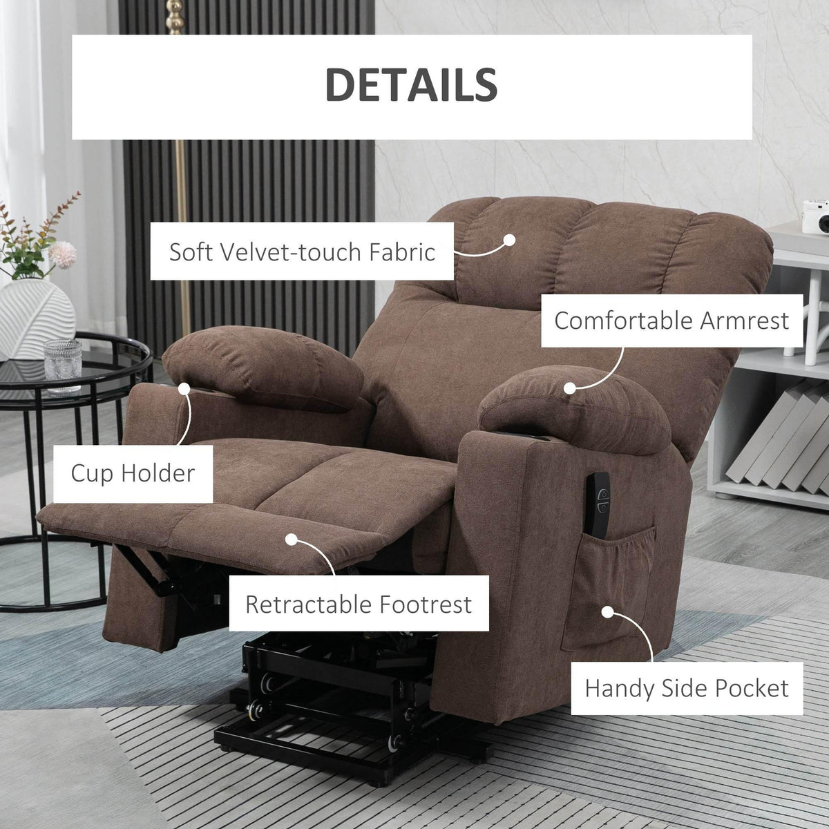 Dark brown recliner chair details: armrest, side pocket, cup holder, retractable footrest.