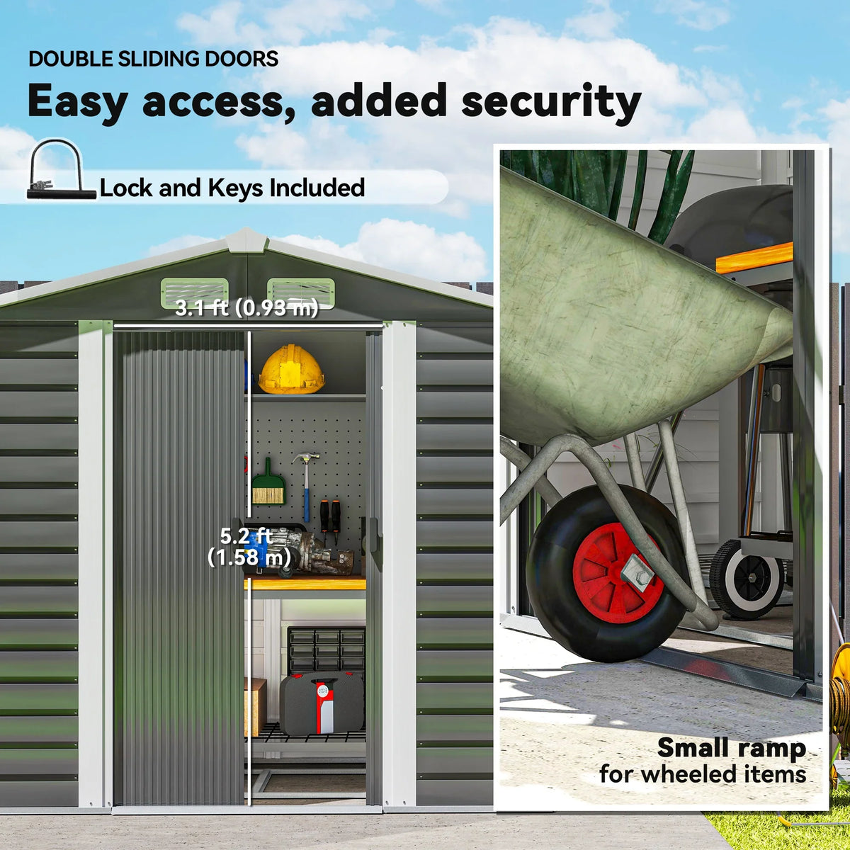 Outdoor shed entrance with double doors open and space for small wheel items