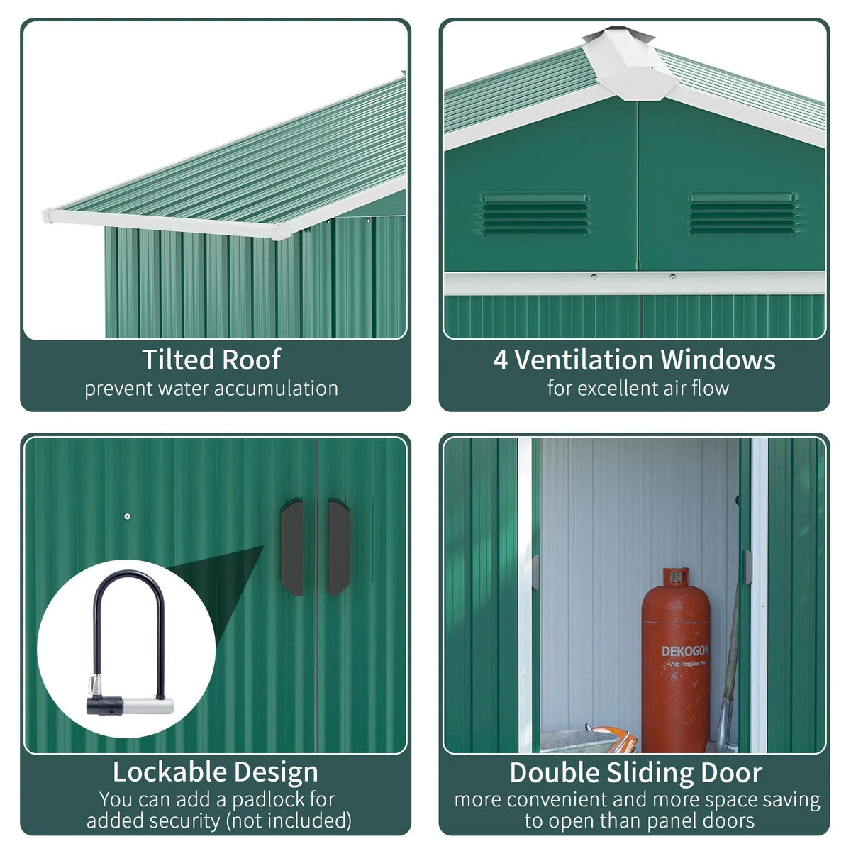 Green metal shed panel view: tilted roof, four vents, lockable double sliding doors