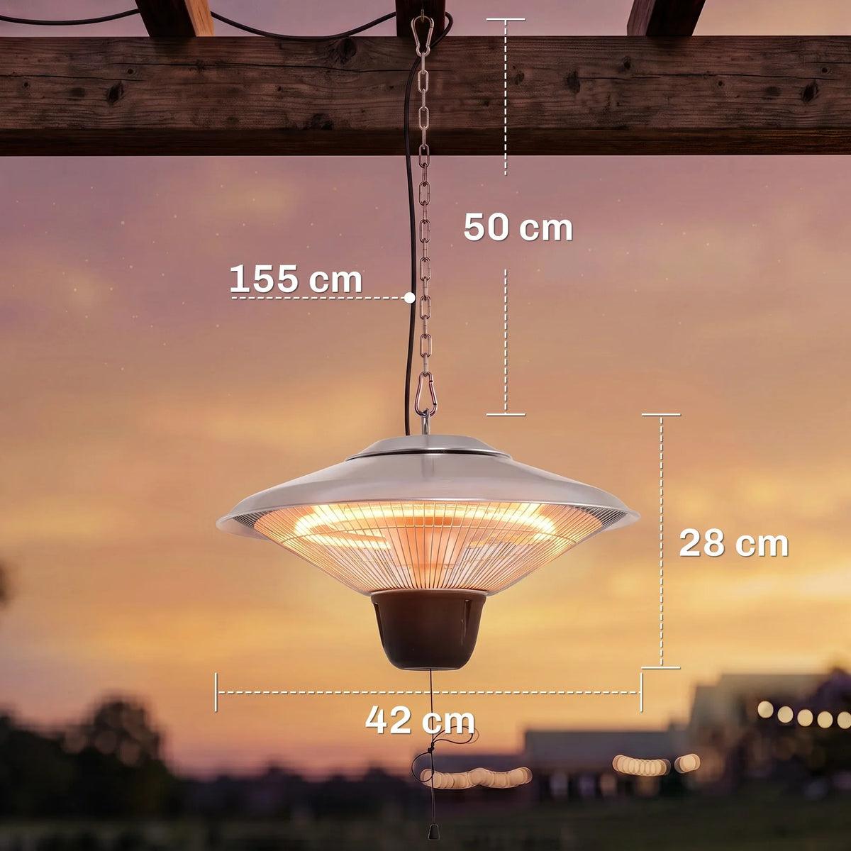 Ceiling-mounted halogen heater with chain suspension and visible size dimensions