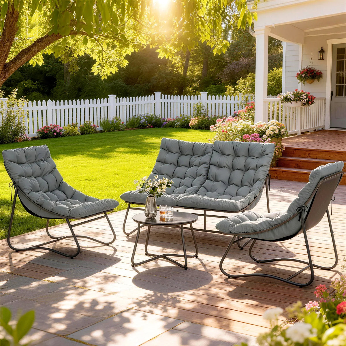 Four-piece outdoor seating set with curved grey cushions, black frames, and round glass table