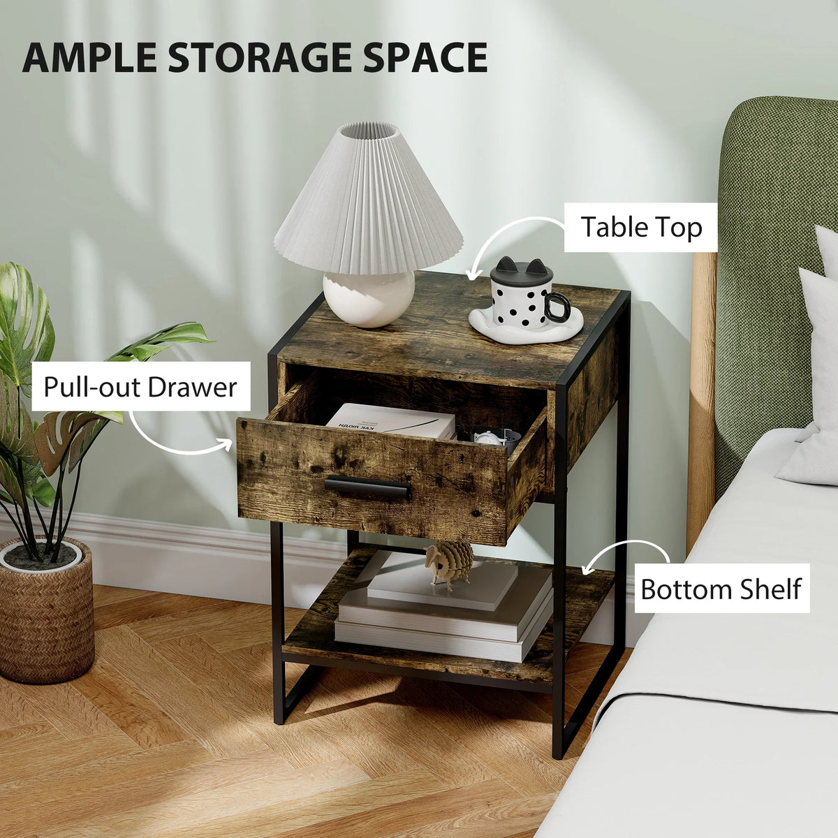 Bedside table with pull-out drawer and bottom shelf, rustic brown wood-look, black frame
