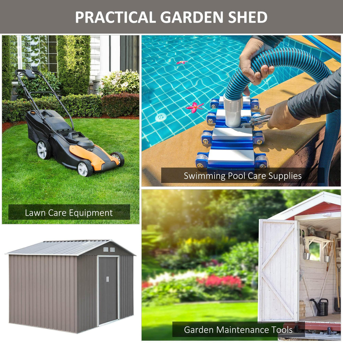 Grey metal garden storage shed with double doors open, showing garden tools inside.