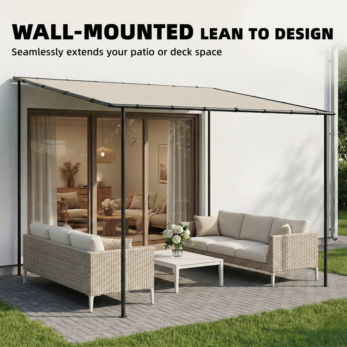 Wall-mounted lean-to pergola with cream canopy, metal frame, sliding-style side curtains