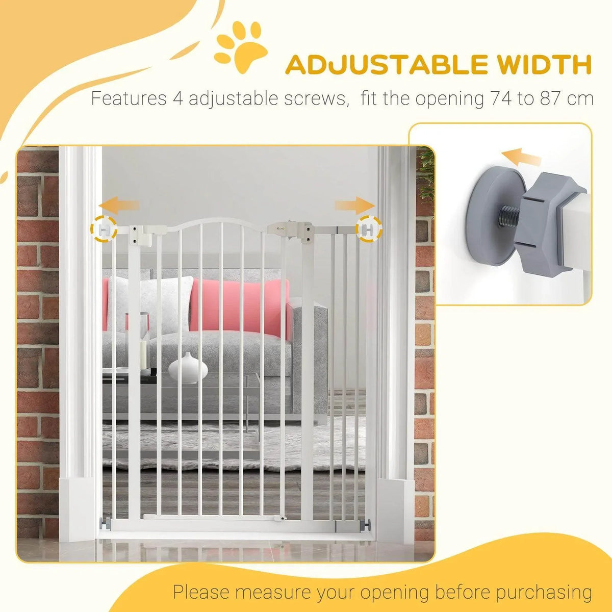 White adjustable-width dog gate with wall-mount brackets and screws