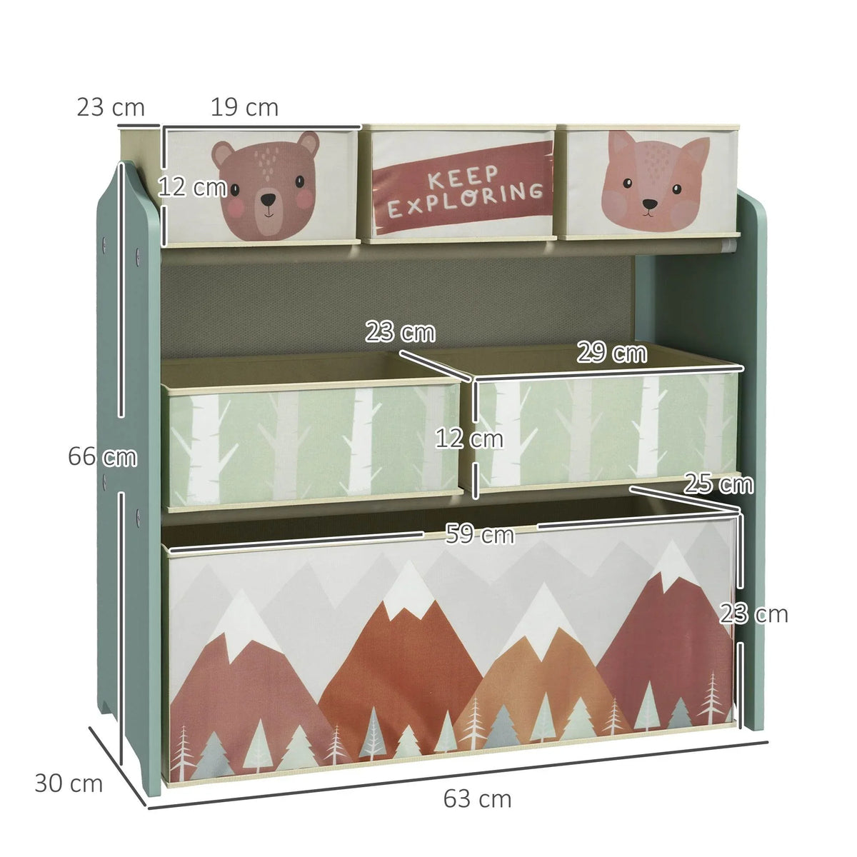 Kids green storage organizer with open shelves and 6 fabric bins, front view
