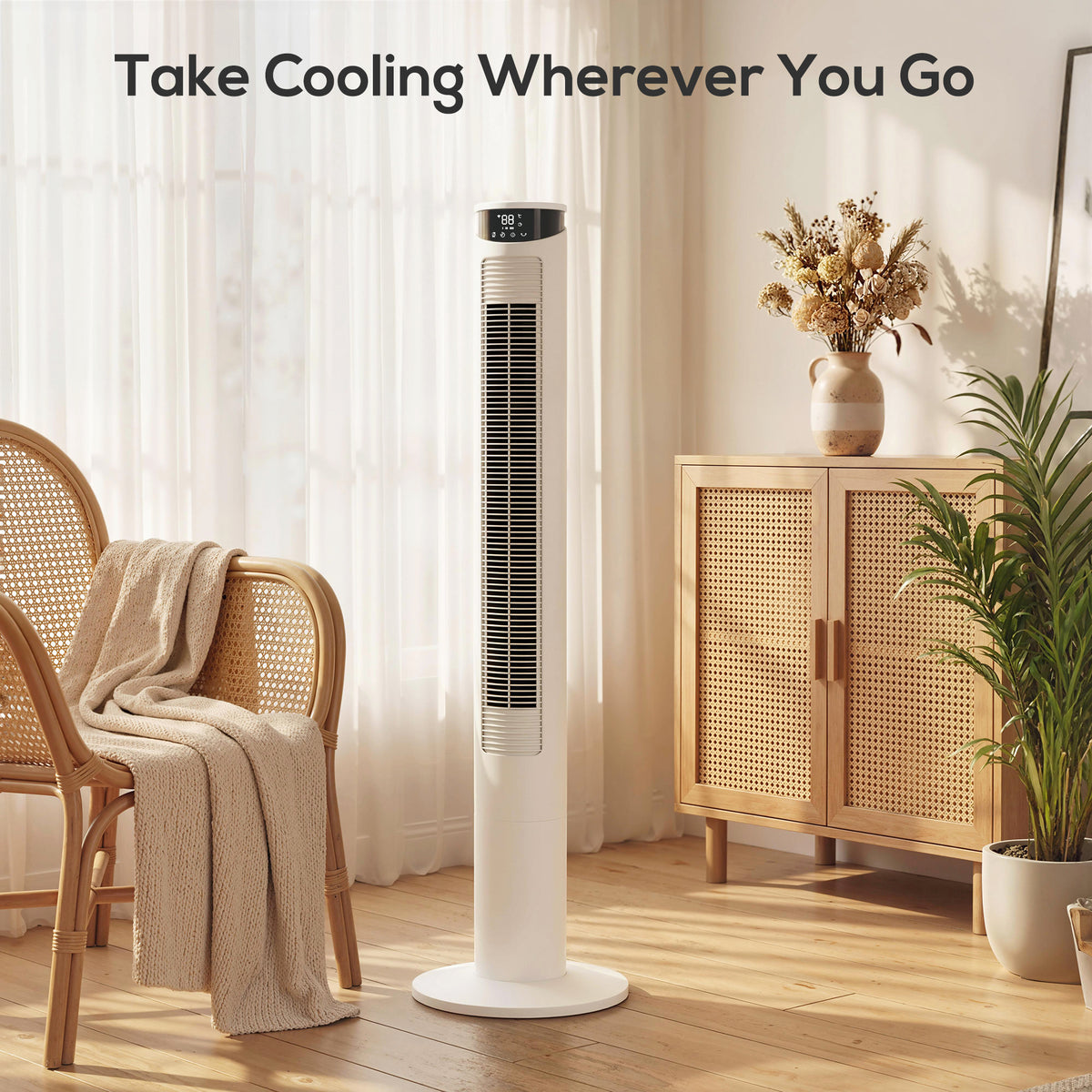 White tower fan with narrow vertical grille and stable round base
