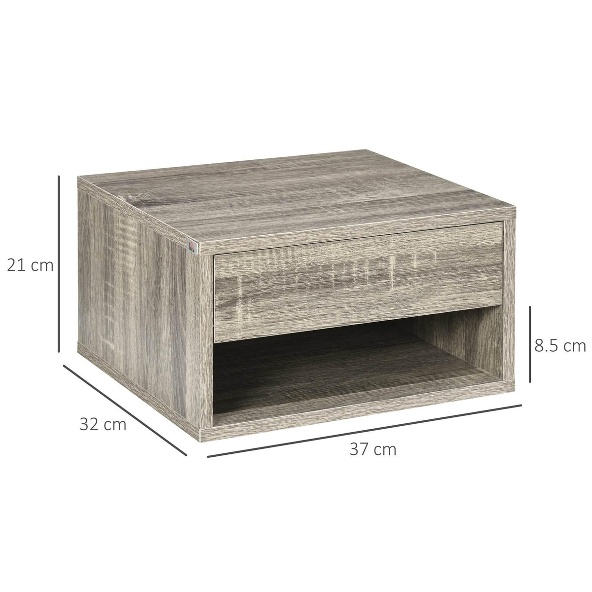Light gray-brown floating nightstand with top drawer and open lower shelf