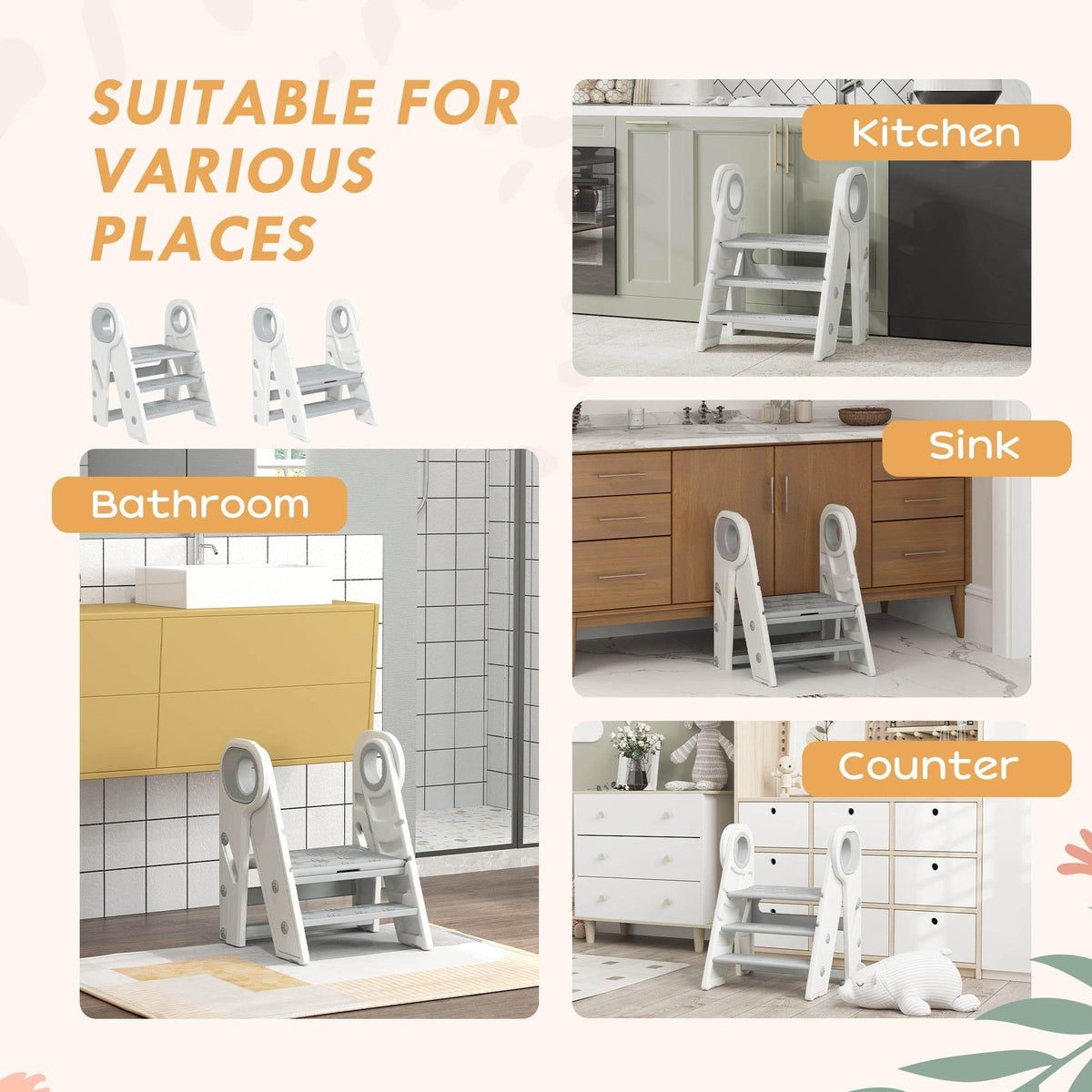 Toddler step stool with light gray steps and white frame, shown for kitchen and bathroom.