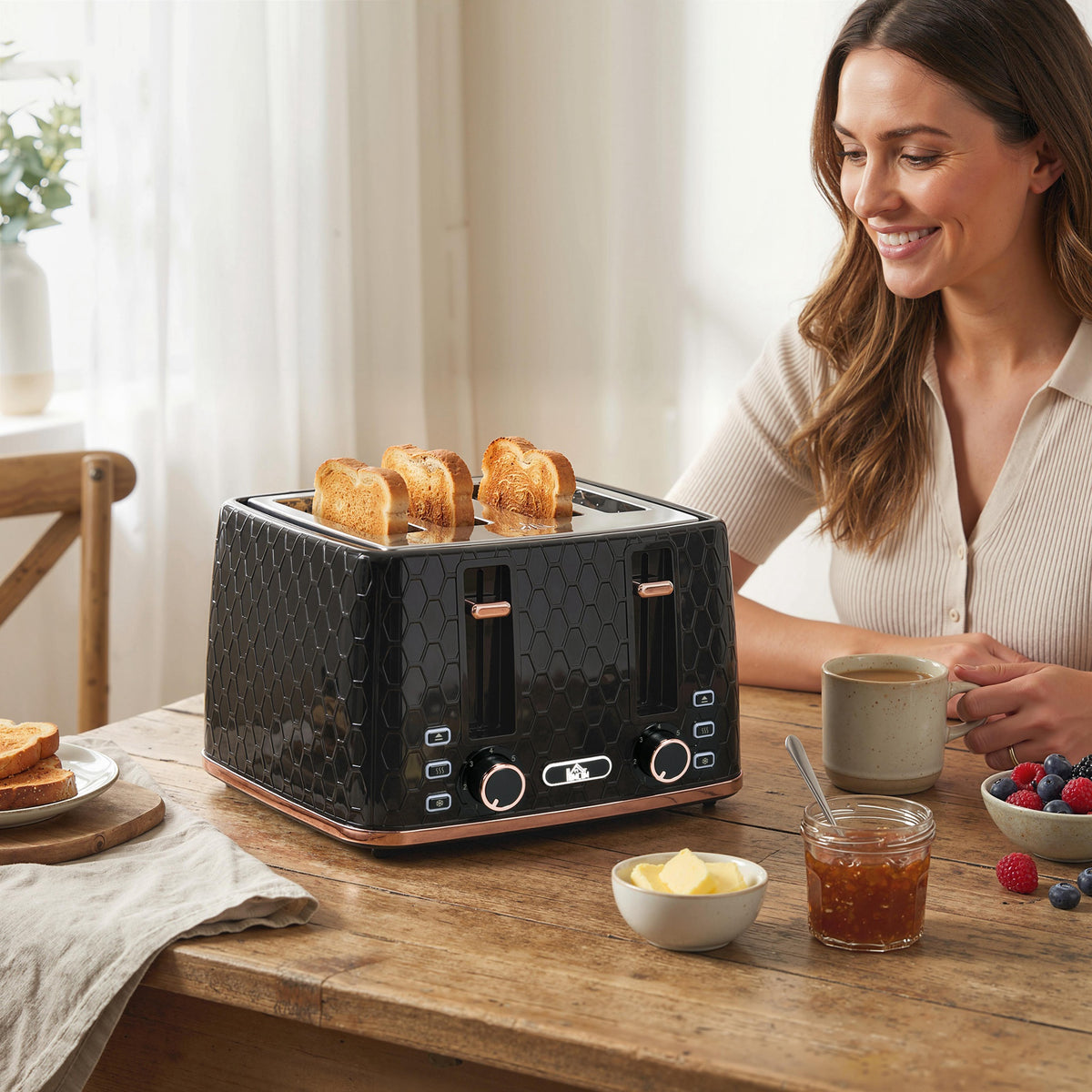 Black four-slice toaster with honeycomb finish on a kitchen counter, bread lifting up