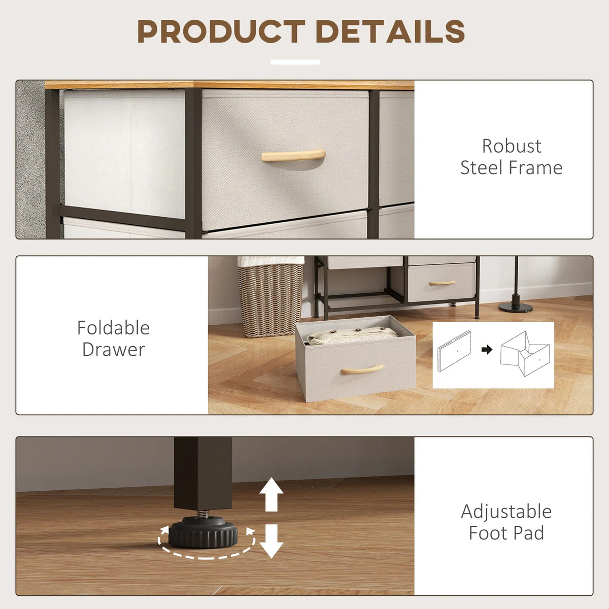 Cream fabric 6-drawer dresser with steel frame, foldable drawer front and adjustable foot pads