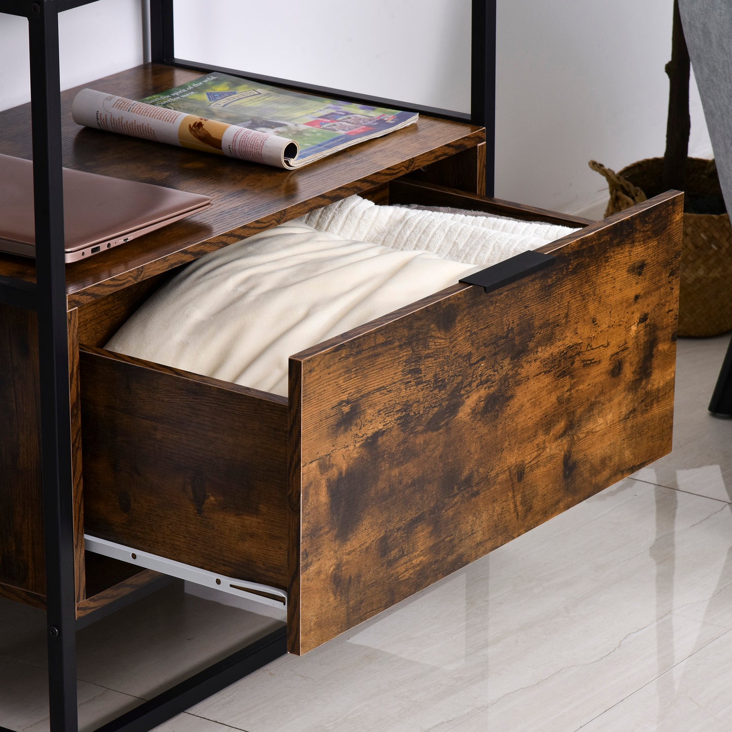 HOMCOM Industrial Style Side Table With Drawer Open Shelf Steel Frame Large Base Two Tone Chestnut Brown And Black
