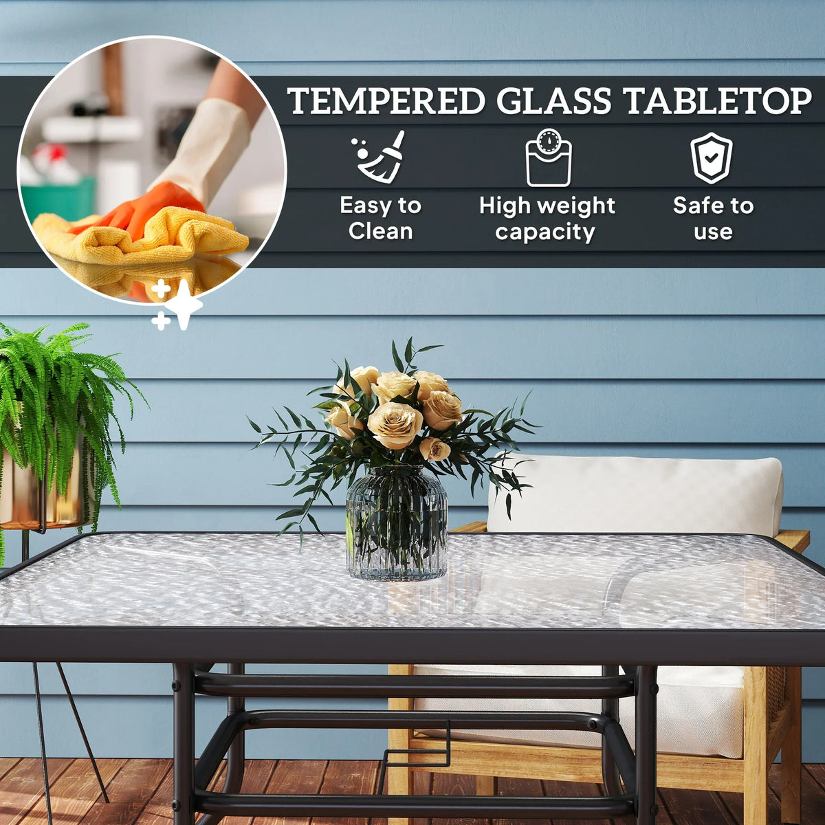 Square outdoor table with tempered glass tabletop and umbrella hole, easy-clean surface
