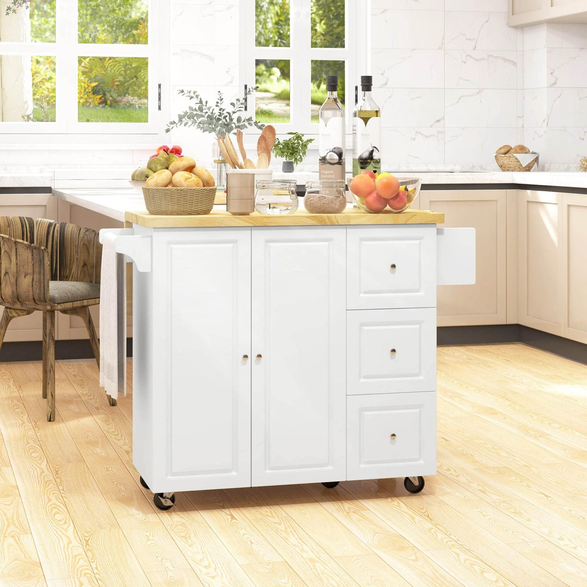 White kitchen island cart with cabinet doors, drawers, and wood countertop for meal prep